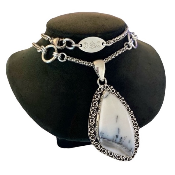 925 sterling silver overlay white grey agate gemstone charm boho stone necklace - Picture 2 of 14